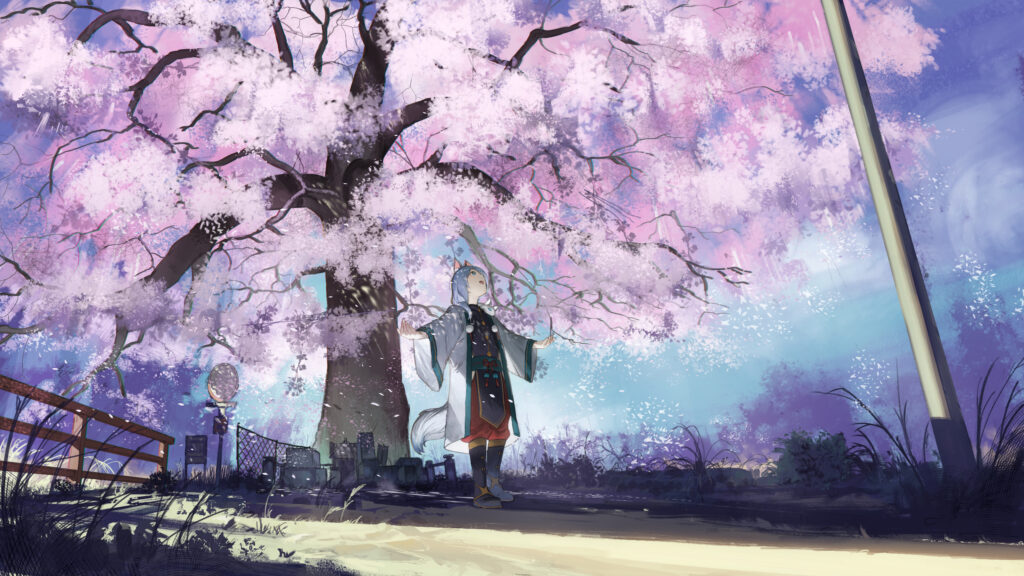 Vibrant Anime Wallpaper: Neko Girl Under Sakura Tree