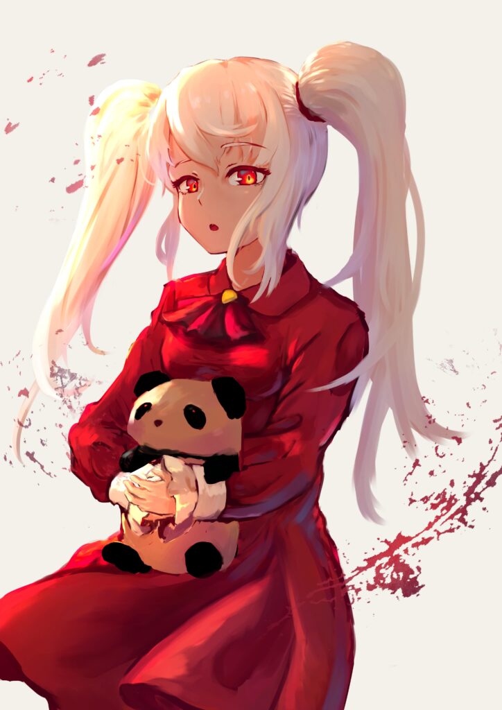 Vibrant Anime Wallpaper: Girl in Red with Toy Panda - Whimsical Art