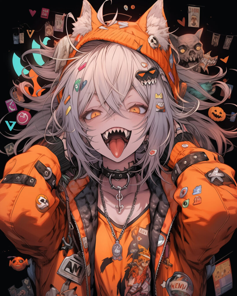 Vibrant Anime Wallpaper: Vampire Girl with Ears & Piercings
