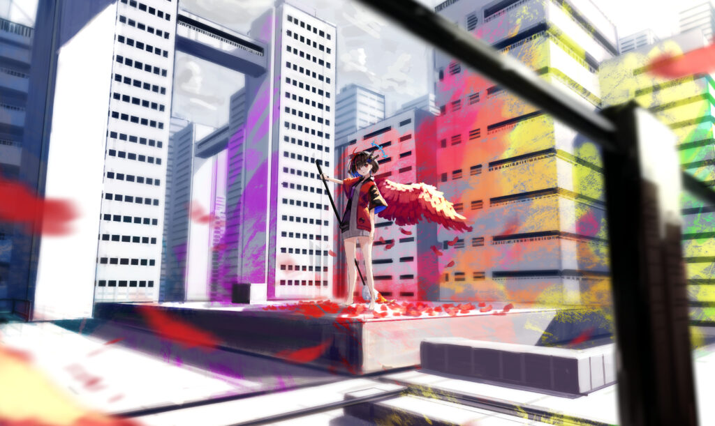 Vibrant Anime Wallpaper: Girl with Wings on Rooftop Cityscape
