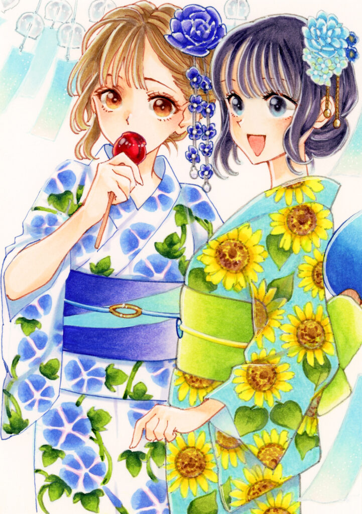 Vibrant Anime Wallpaper: Girls in Colorful Yukatas with Floral Elegance