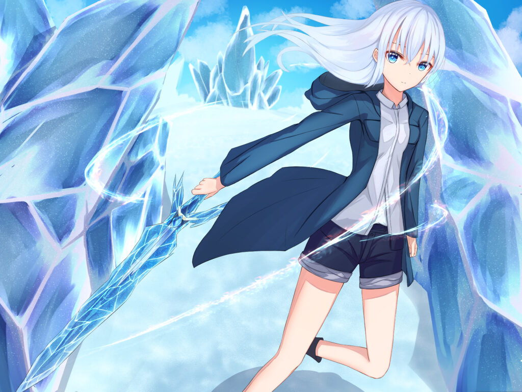 Enchanting Blue-Haired Girl in Magic Ice Wallpaper - Anime Art