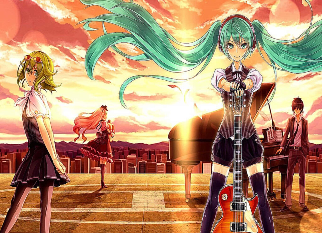 Vibrant Anime Music Scene Wallpaper: Sunset, Cityscape & Instruments