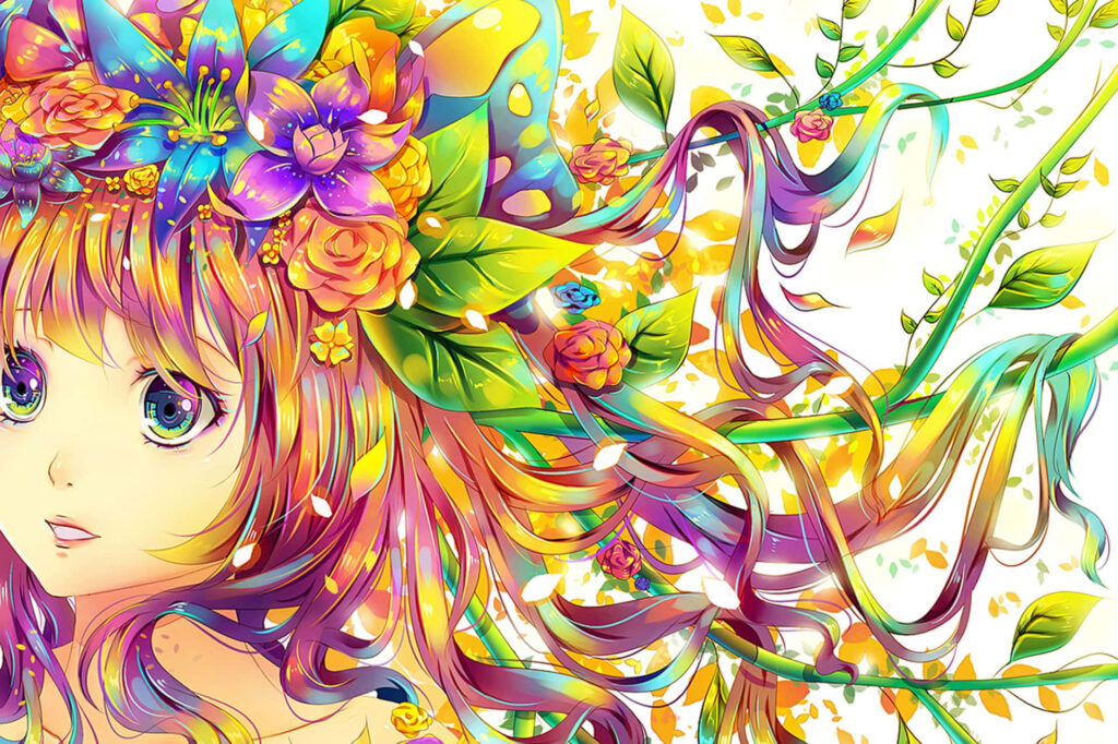 Vibrant Anime Girl Wallpaper with Colorful Nature-Inspired Design