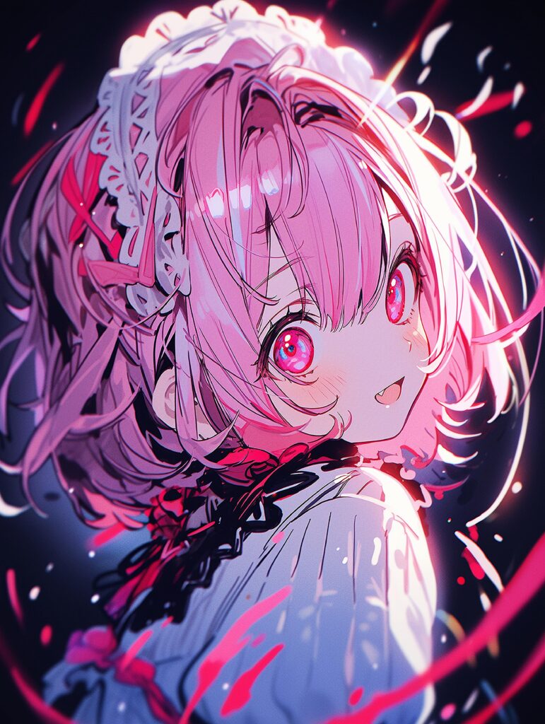 Cheerful Pink-Haired Girl Anime Wallpaper with Colorful Background