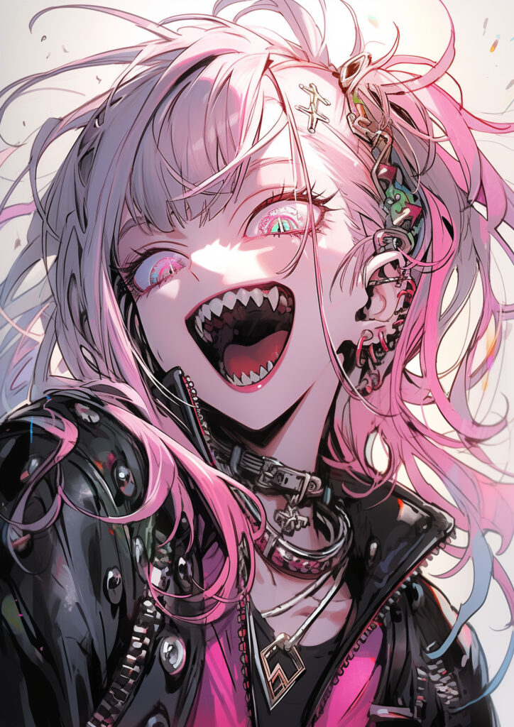 Vibrant Anime Wallpaper: Edgy Girl with Demon Fangs & Punk Style