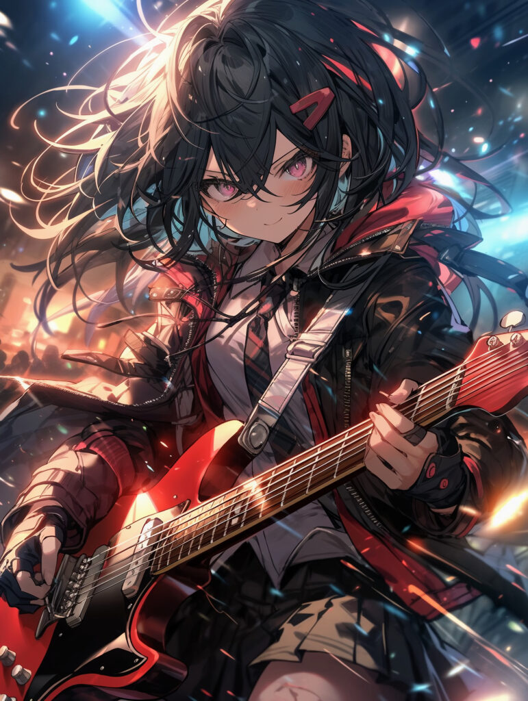 Vibrant Anime Wallpaper: Girl with Electric Guitar & Stylish Hairpin