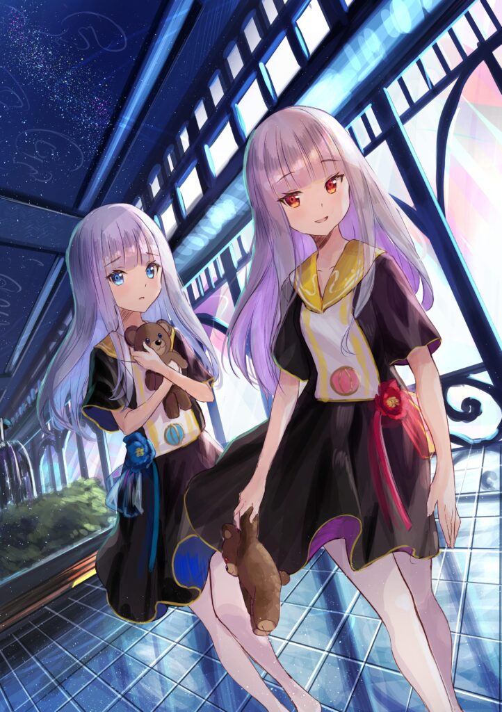 Sisterly Joy: Vibrant Anime Wallpaper of Silver-Haired Girls