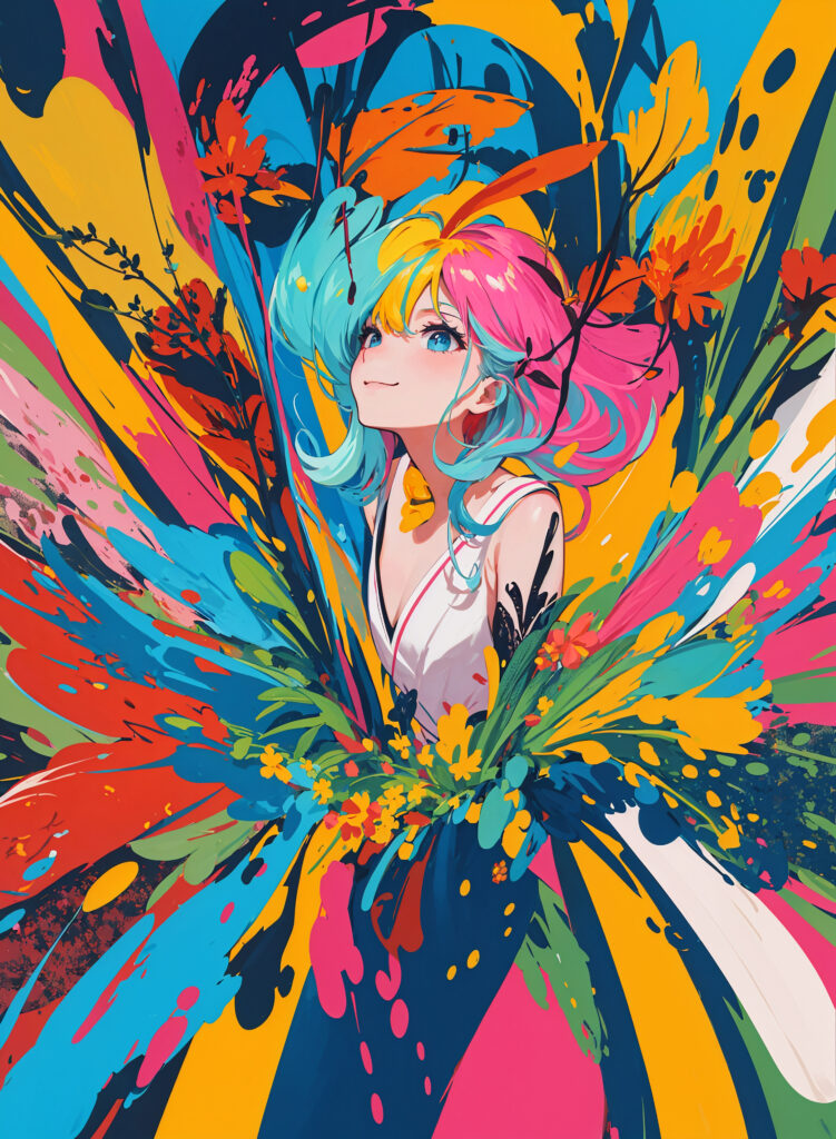 Vibrant Anime Wallpaper: Cheerful Girl in Colorful Paint & Flowers
