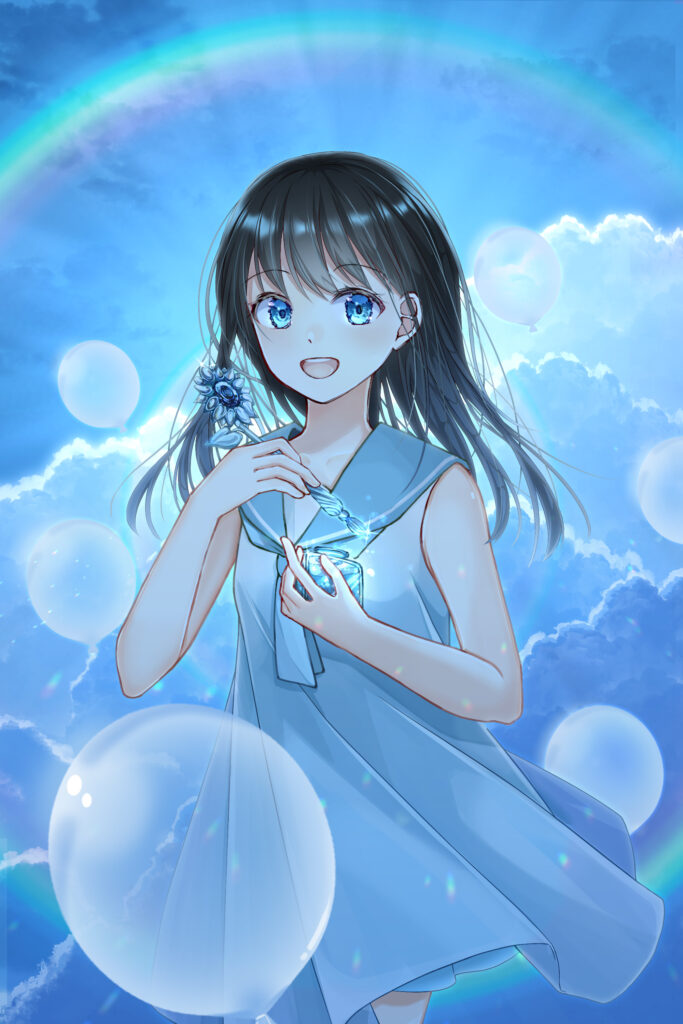 Vibrant Anime Wallpaper: Smiling Girl & Dreamy Rainbow Background