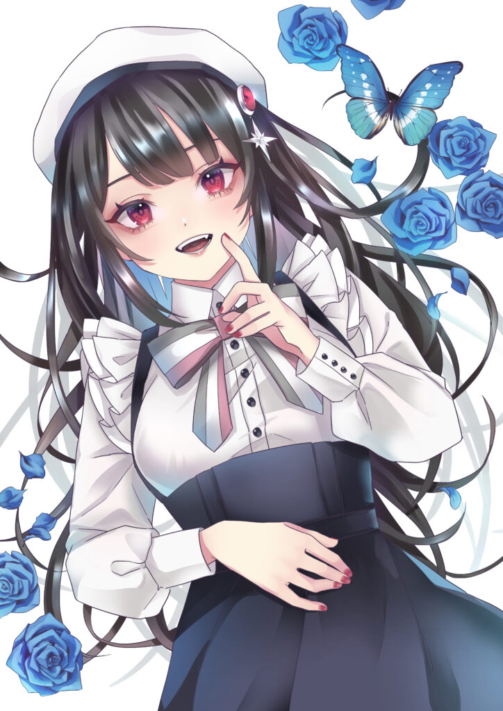 Cheerful Anime Girl in Beret with Blue Roses – Vibrant Wallpaper