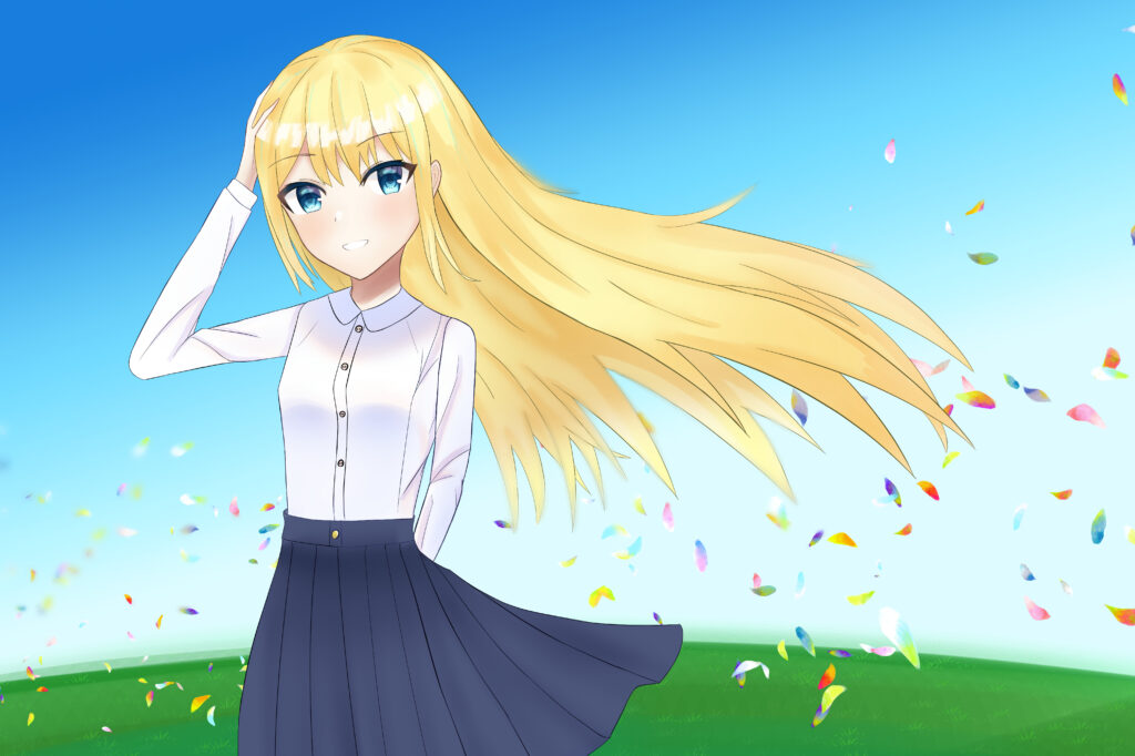 Vibrant Anime Wallpaper: Smiling Girl in Colorful Field with Petals