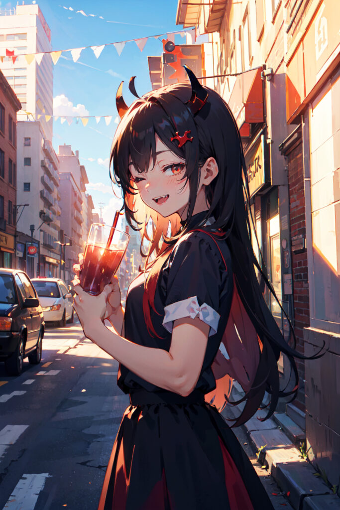 Smiling Girl with Horns: Vibrant Urban Anime Wallpaper