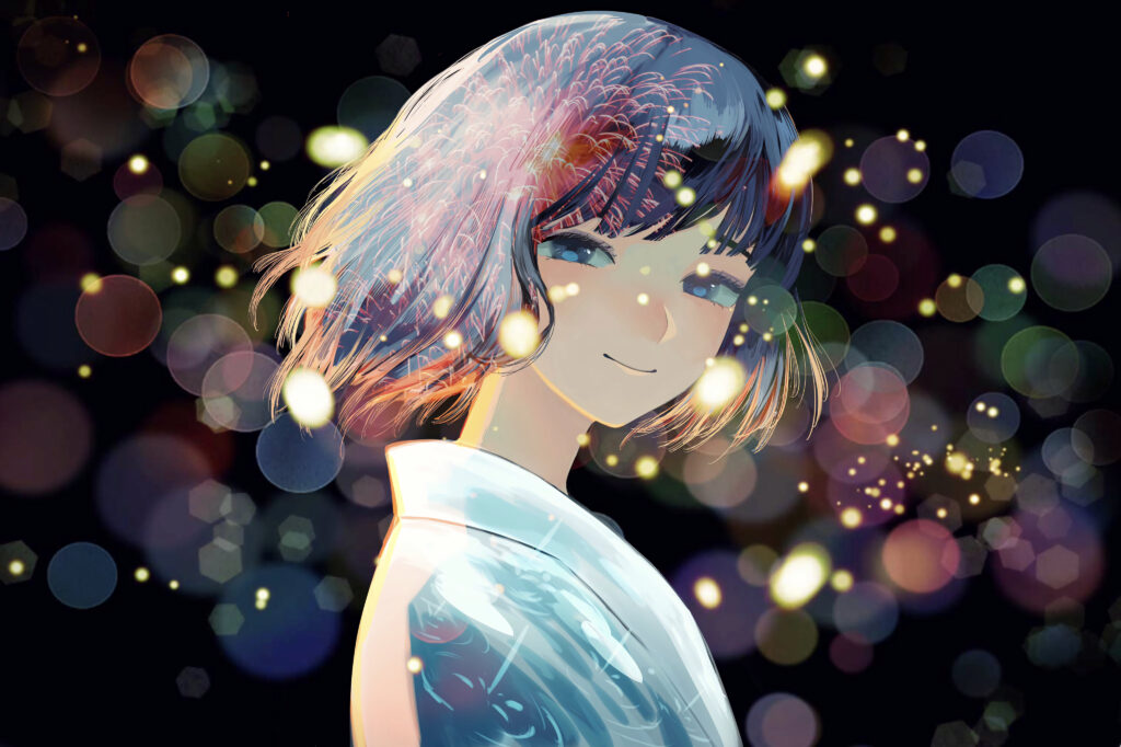 Vibrant Anime Wallpaper: Joyful Girl Amidst Sparking Fireworks