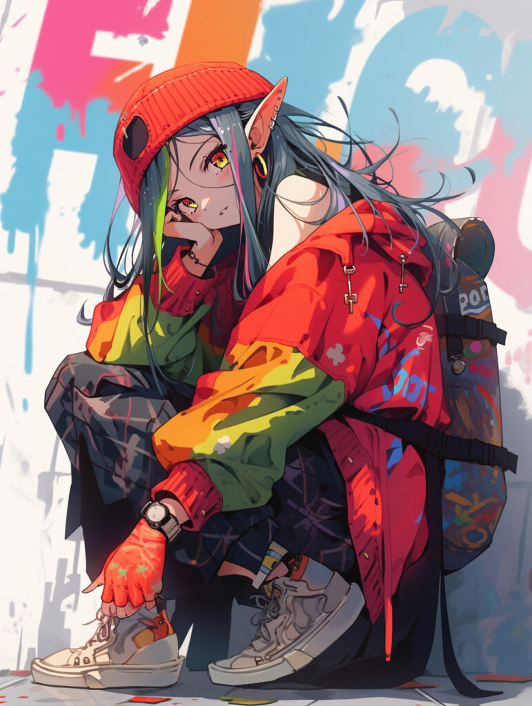 Vibrant Anime Girl Wallpaper: Edgy Elf in Colorful Urban Style