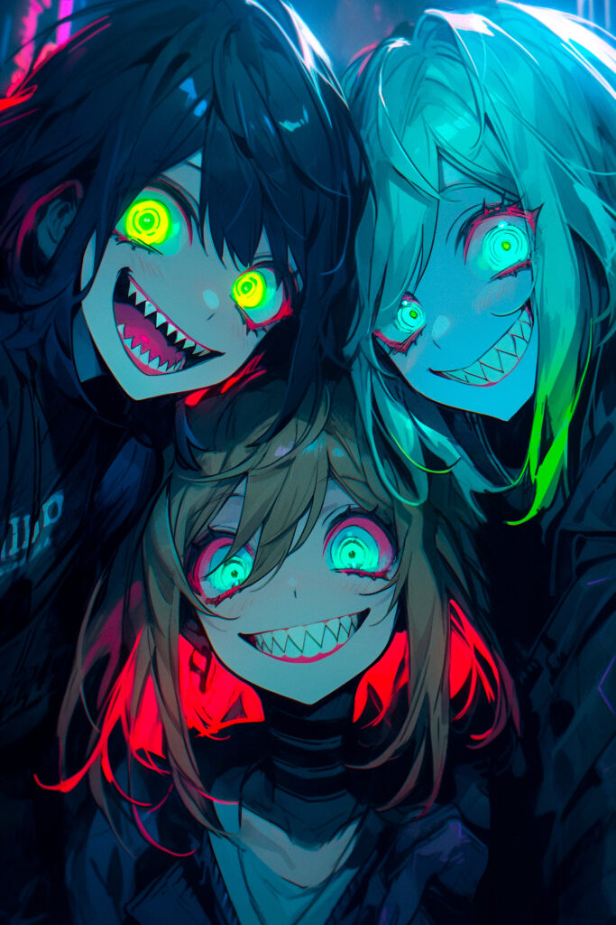 Vibrant Anime Wallpaper: Three Girls with Eerie Neon Glow