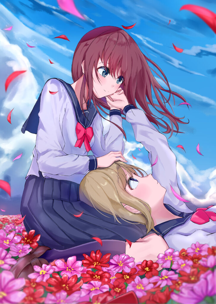 Colorful Anime Wallpaper of Two Girls in a Flower-Filled Field
