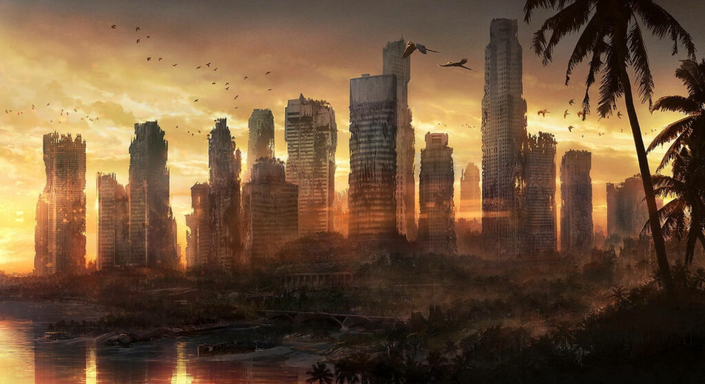 Apocalyptic Cityscape Wallpaper: Towering Skyscrapers at Sunset