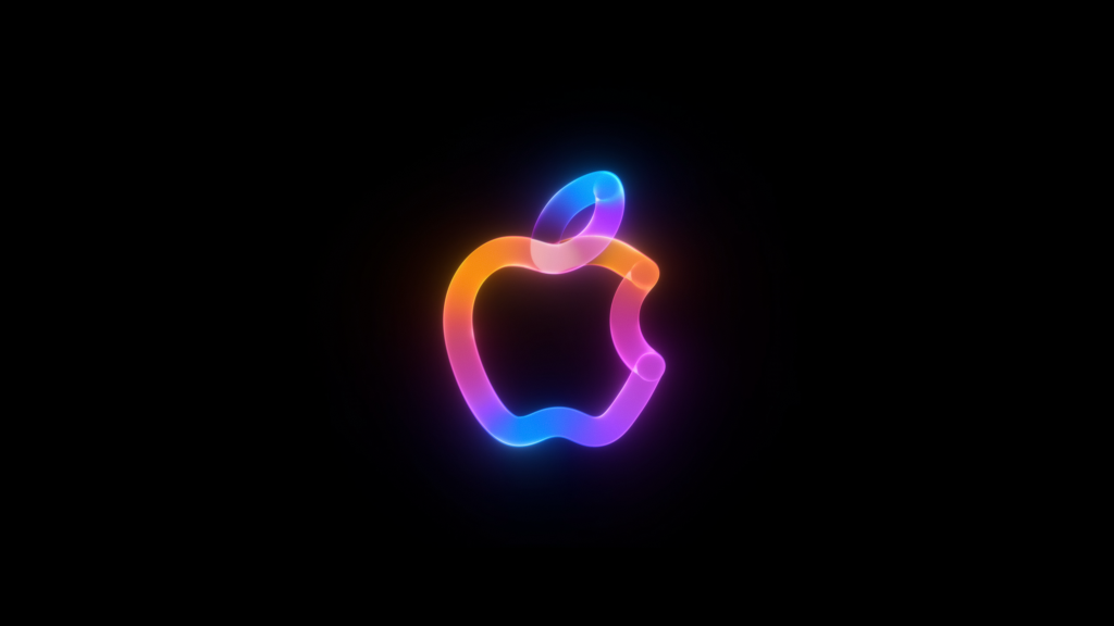 Vibrant Neon Apple Logo Wallpaper - MAC Event 2024 Black Background