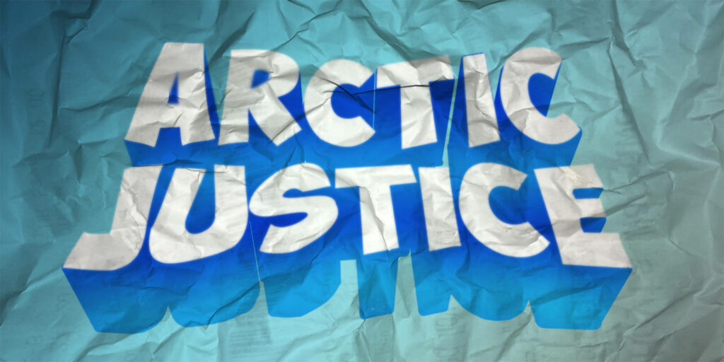 Arctic Justice logo on textured crumpled blue background vibrant playful dynamic wallpaper