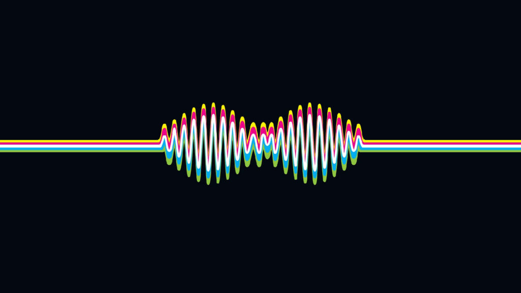 Colorful Arctic Monkeys AM album cover wallpaper with vibrant soundwave on dark background