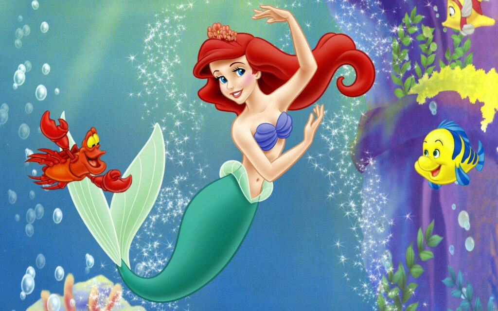 Vibrant Little Mermaid Wallpaper: Ariel, Sebastian & Flounder Underwater