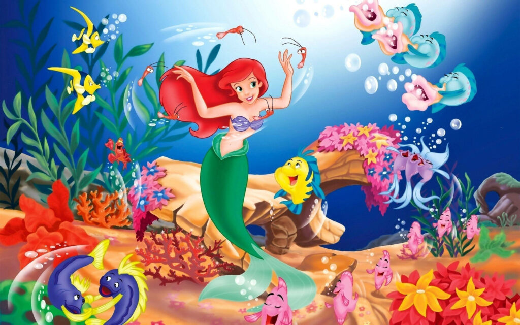 Vibrant Ariel Wallpaper: Cheerful Underwater Scene with Sea Creatures