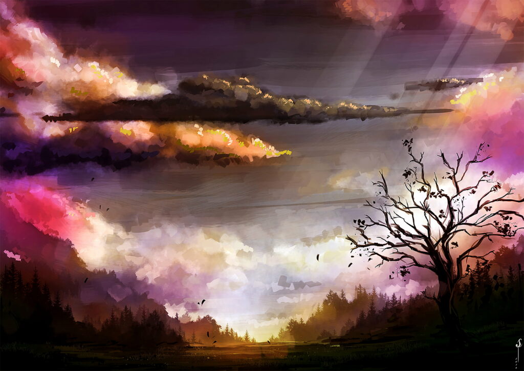 Vibrant Artistic Landscape Wallpaper with Leafless Tree & Dramatic Sky
