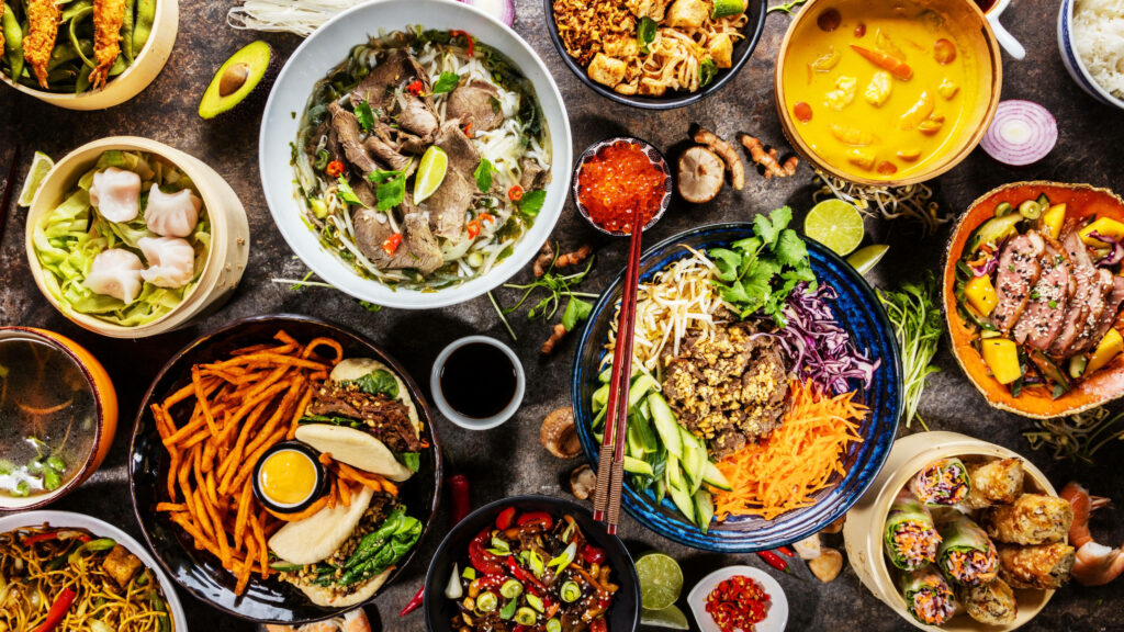 Vibrant Asian Dishes Wallpaper: Noodles, Dumplings & Sushi Delight
