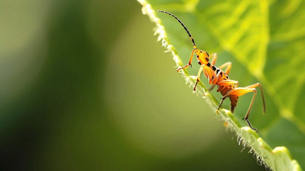 Vibrant assassin bug on green leaf with soft natural light and blurred background wallpaper