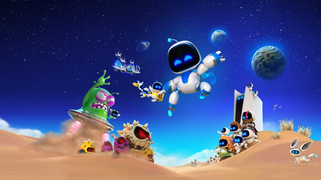 Astro Bot Rescue Mission: Colorful Desert Adventure Wallpaper