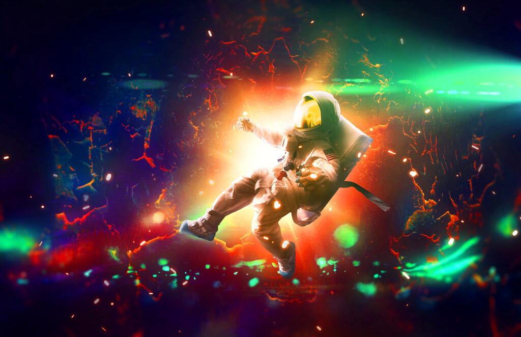Vibrant Astronaut Wallpaper: Cosmic Light Explosion Background
