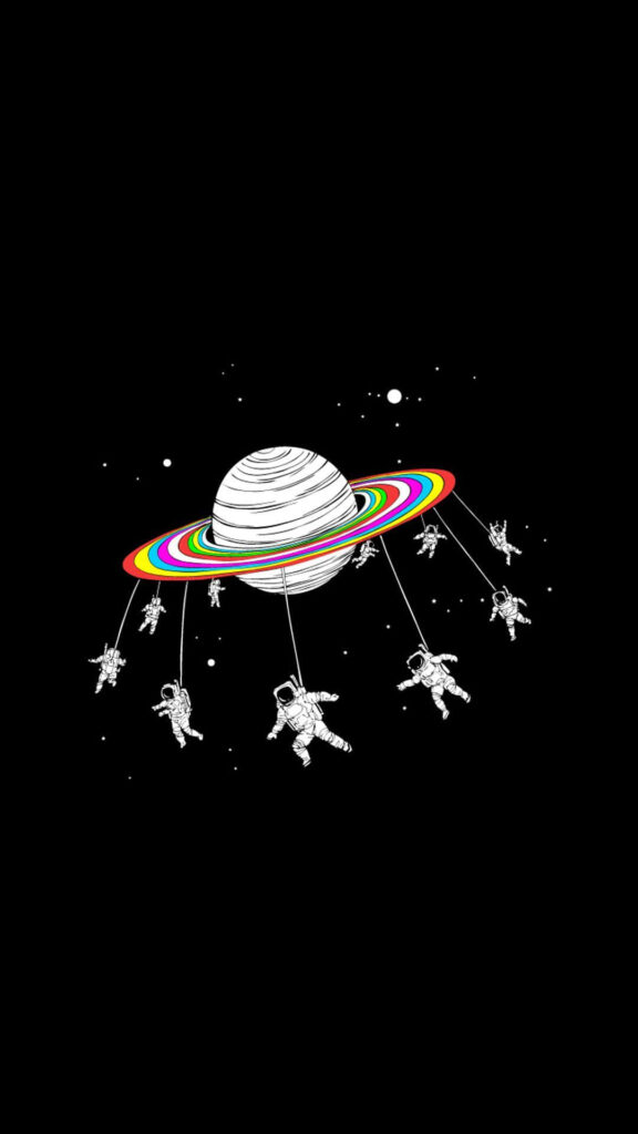 Surreal Astronauts Swinging Around Colorful Saturn - Trippy Wallpaper