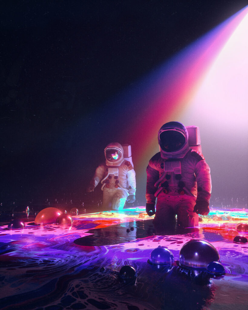 Surreal Astronauts in Colorful Alien Landscape Wallpaper Background