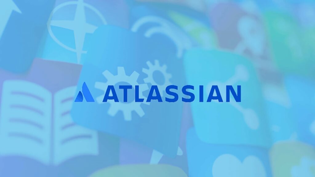 Vibrant Atlassian wallpaper with centered logo and colorful icons of tools and applications