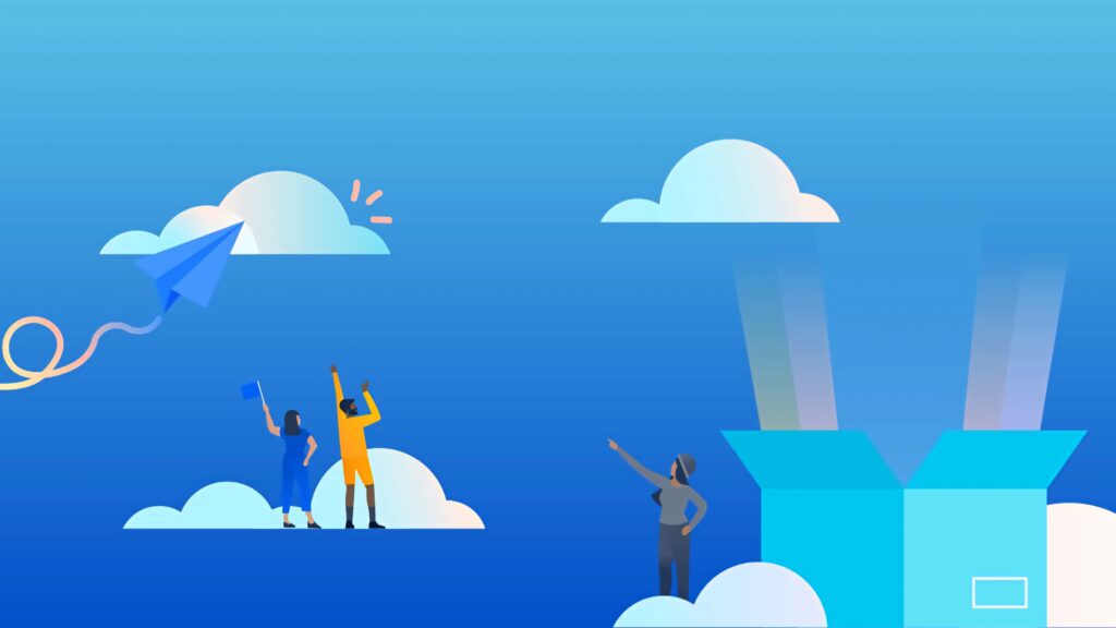 Vibrant Atlassian wallpaper with stylized people collaborating among clouds and paper airplane