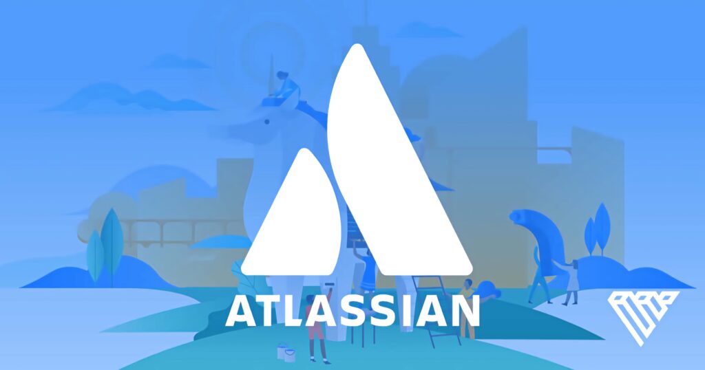 Vibrant Atlassian wallpaper with bold white logo and creative workspace collaboration illustration