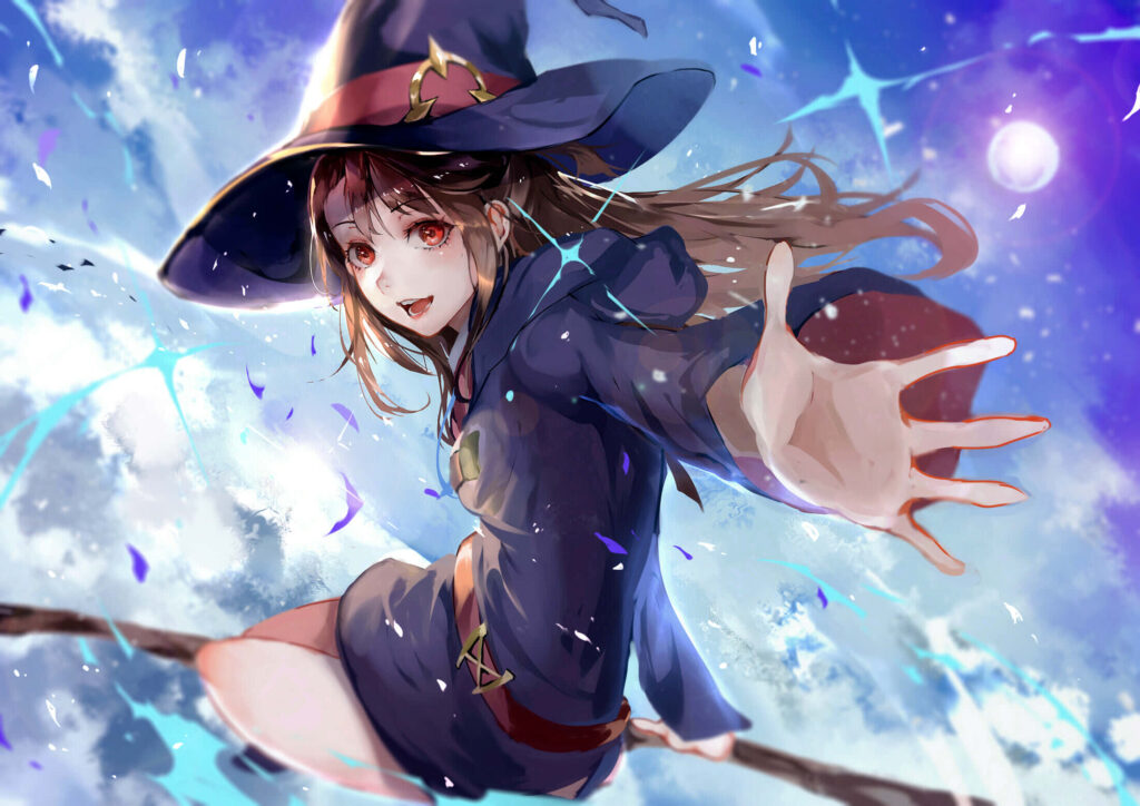 Vibrant Atsuko Kagari Wallpaper: Flying Under a Starry Sky