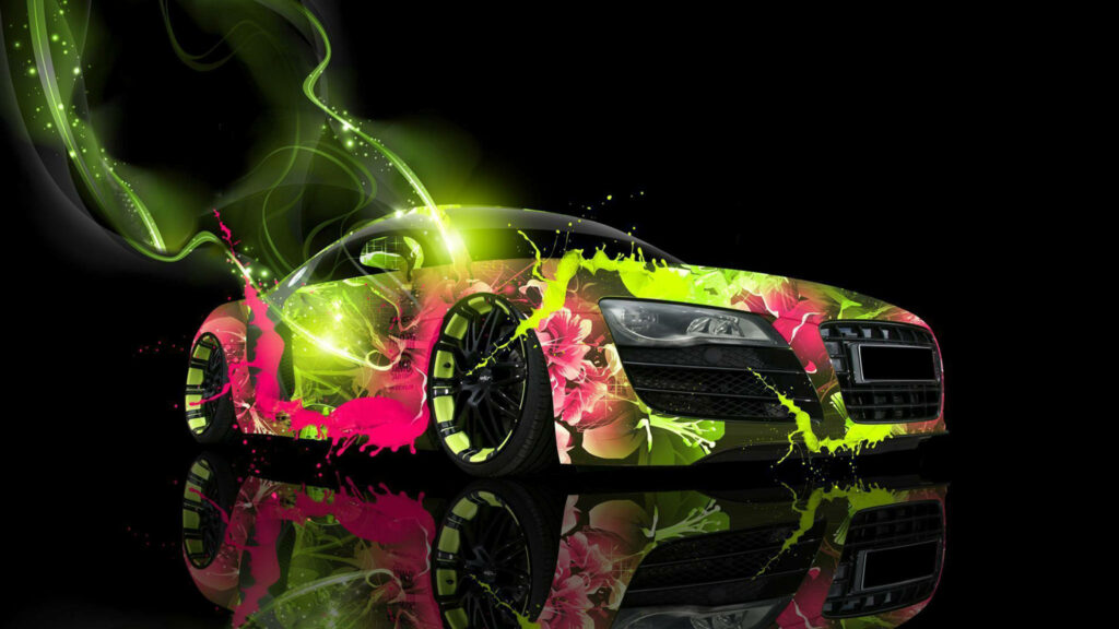 Audi R8 Spyder with neon green pink floral paint splashes on black background artistic wallpaper