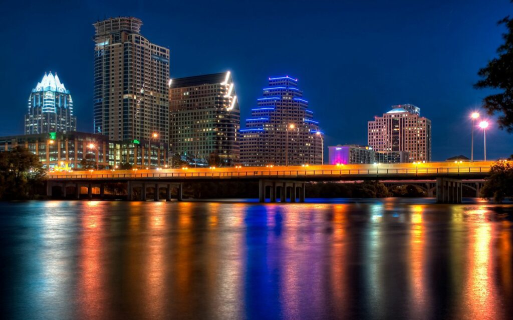 Stunning Austin Night View Wallpaper: Vibrant City Skyline Reflection