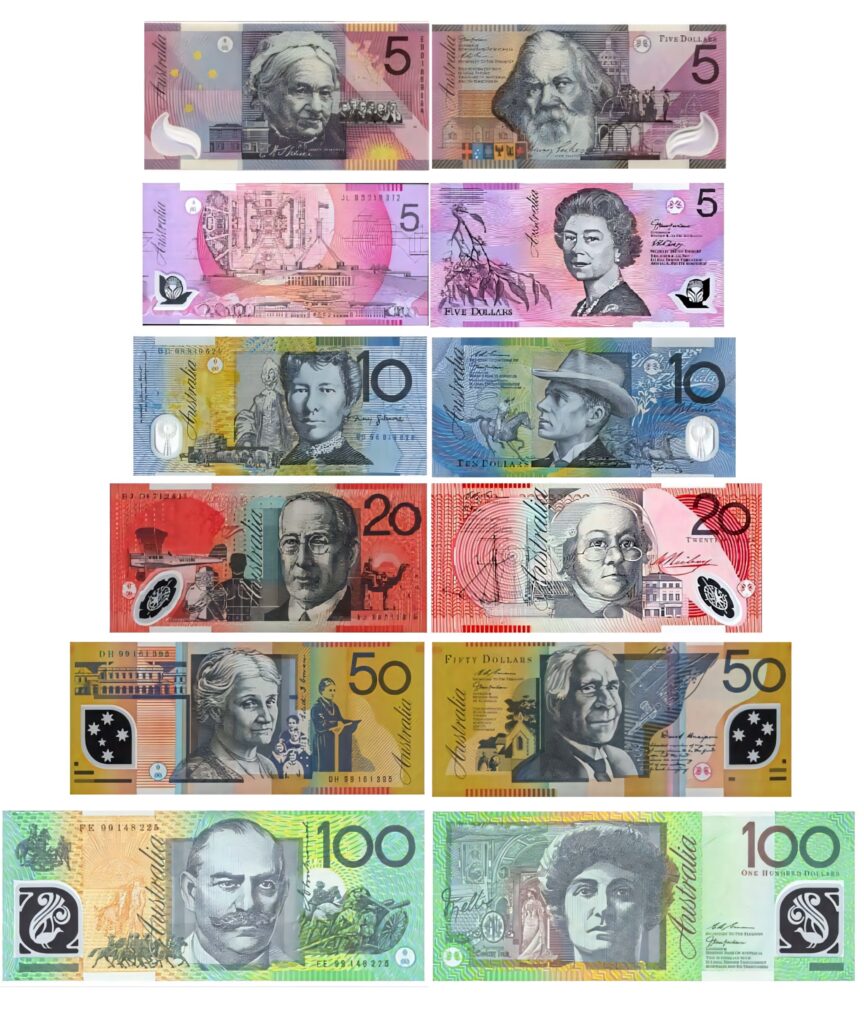 Australian Dollar banknotes wallpaper with colorful portraits of famous historical figures background