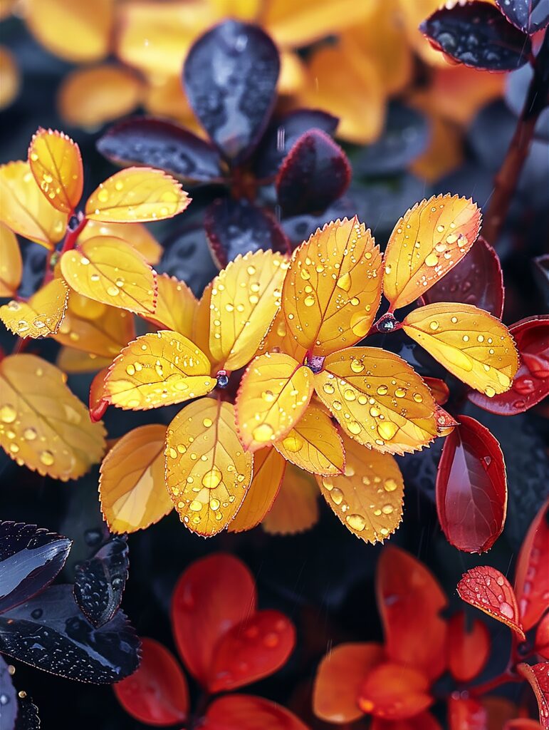 Close-up vibrant orange red dark purple leaves with water droplets rich colorful nature wallpaper