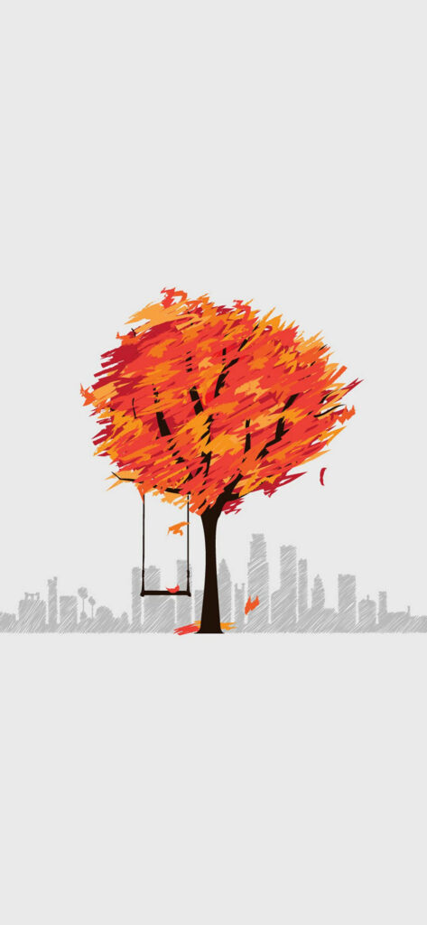 Vibrant Autumn Tree Wallpaper with Swing and Gray City Skyline