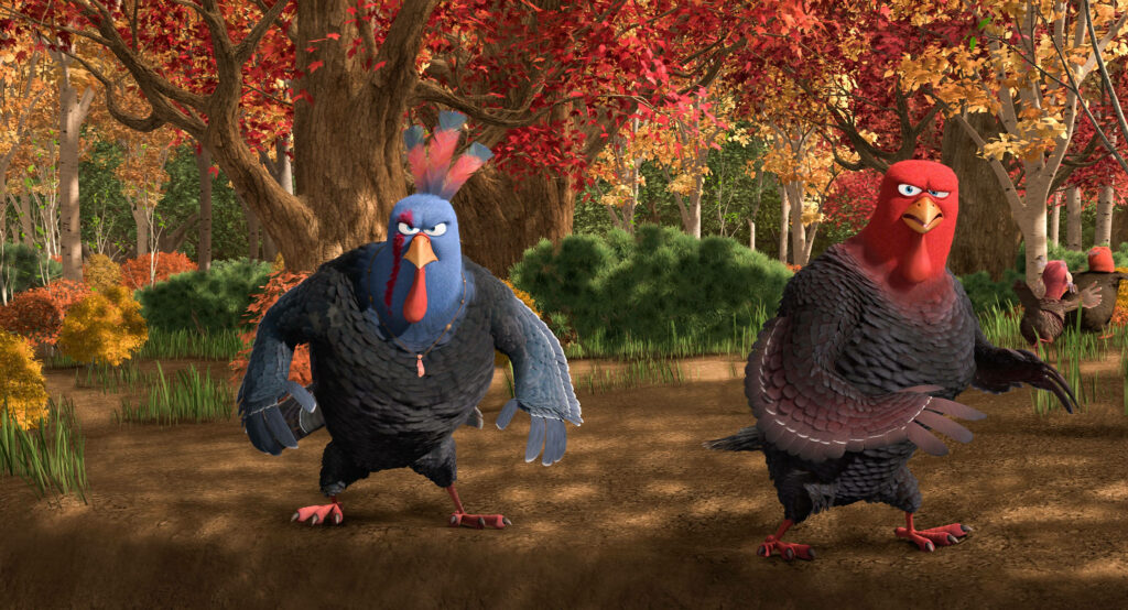 Animated Turkeys in Autumn Forest Wallpaper - Vibrant Nature Scene