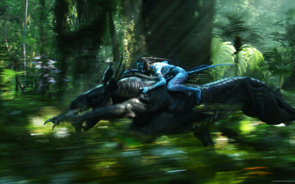 Jake Sully Riding a Direhorse in Lush Avatar Jungle Wallpaper