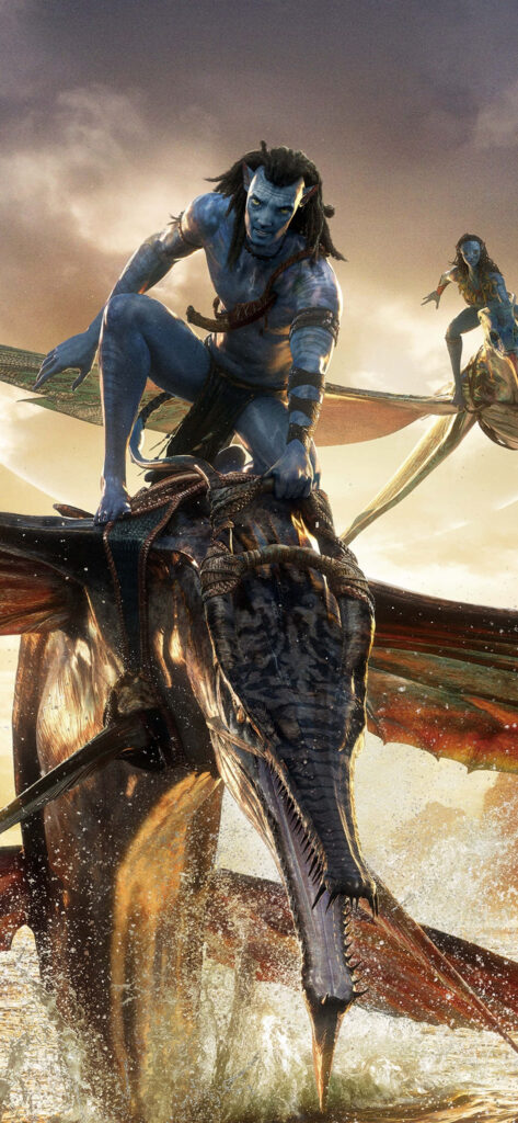 Stunning Avatar Wallpaper: Na'vi Riding Banshees Over Pandora's Landscape