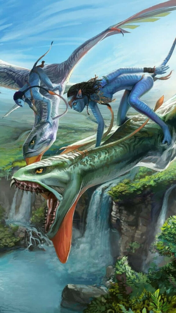Vibrant Avatar Wallpaper: Na'vi Riding Banshees Over Lush Landscape