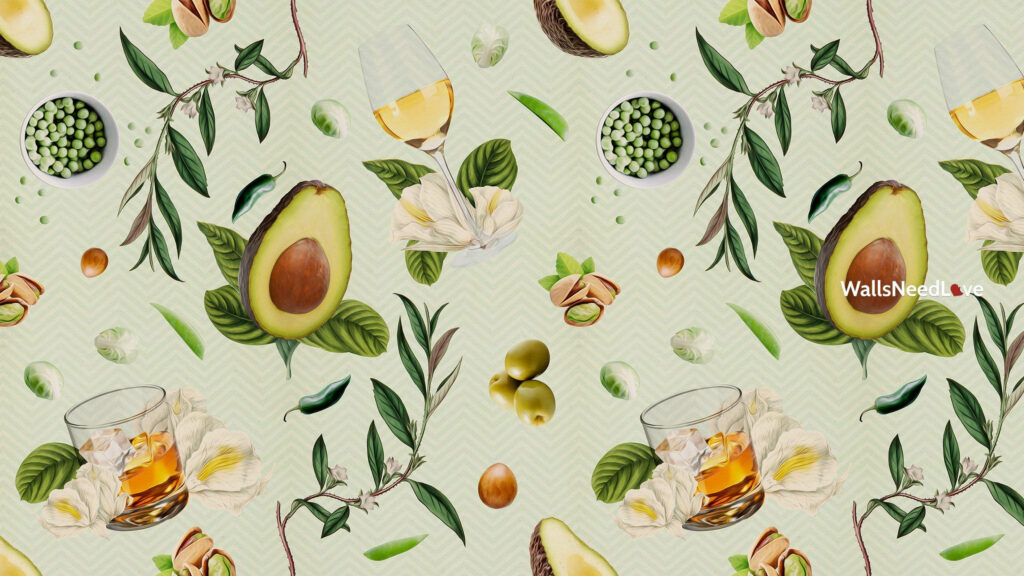 Vibrant Avocado Pattern Wallpaper with Olives & Peas on Green