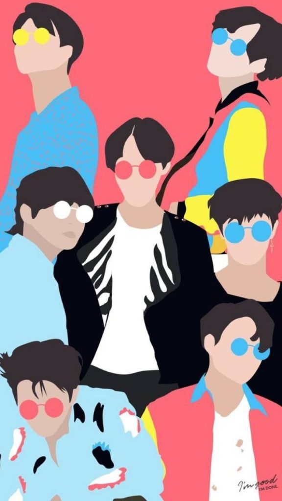 BTS cartoon vector art wallpaper with seven members in colorful sunglasses on coral pink background