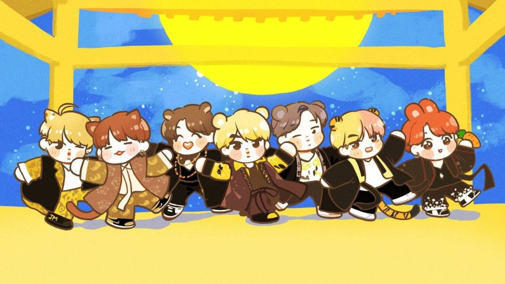BTS chibi cartoon dance wallpaper with seven members in animal ears under bright sky